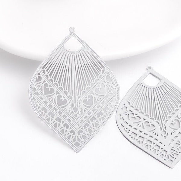 10%OFF, White Filigree charm, Large Oval drop, Laser Cut, heart bohemian Connector, thin light Earring Charms, 39x59mm, 2pcs