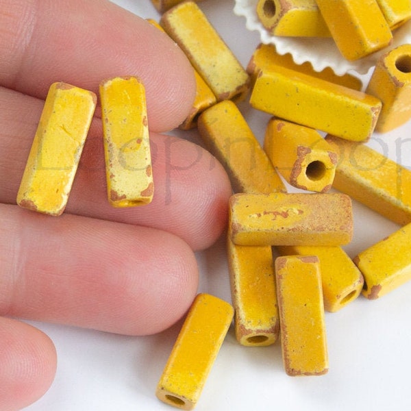 25%OFF, Ceramic Square tube beads, Mykonos beads, Stone washed, aged yellow goldenrod, terracotta beads, 16X6mm, leather jewelry making