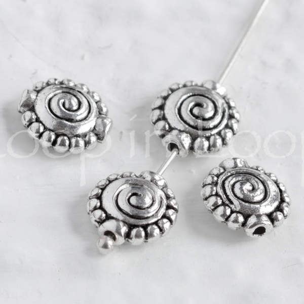 10%OFF 4 Spiral beads, Antique Silver Greek Mykonos beads, 10mm flat metal round snail shell bead, boho jewelry supplies