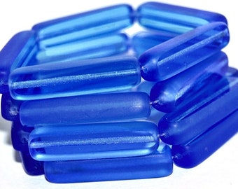 Czech Glass Beads, Extra Long Rectangle stick tube Beads, Translucent table cut matte Pacific sapphire blue, jewelry making, 30x7mm - 4pcs