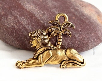 10%OFF Sphinx Pendant, Egyptian sphynx of Giza symbol Charm Gold Plated sitting lion cat charms lead free Pewter Made in USA - Pick qty