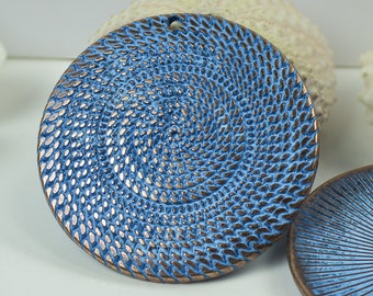 Round chain pendant, 2 inches, Extra Large, Geometric Circle Disk, Blue patina copper, Greek metal Charm, 50mm, TH288, 1pc