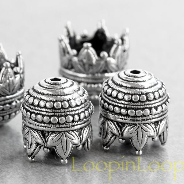 15%OFF, Maharajah Bead Caps, Cord Ends 10mm hole, Extra large Antique silver boho bohemian pewter, for jewelry making, Made in USA, pick qty