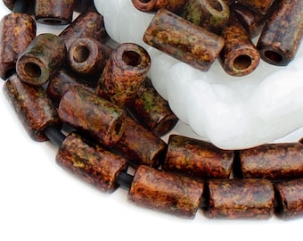 Tubo corto de cerámica Mykonos, 6 x 10 mm, cuentas, marrón verdoso jaspeado, espaciadores bohemios rústicos, cantidad a elegir