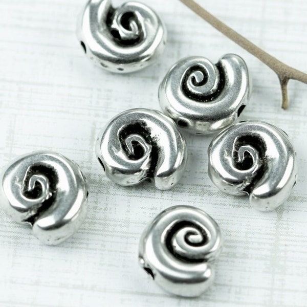 10%OFF, Swirl Spiral bead, Greek Mykonos beads, Rustic puffy snail shell flat metal round, Antique Silver Plated Nautical 13mm AT784 -3pcs
