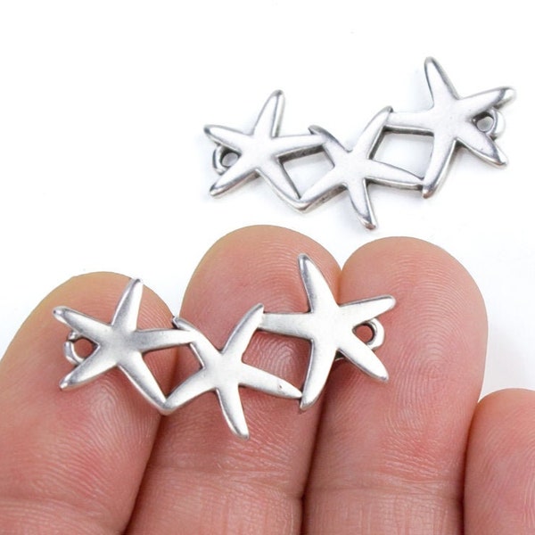 10%OFF Three Starfish connector, silver star connectors, macrame bracelet Link, 2 loop focal bead Charm, Beach nautical jewelry making 2pcs