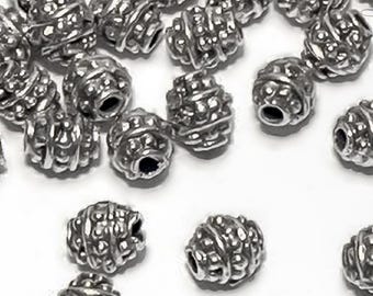 NEW, Bali Style Mykonos Greek Beads, Antique Silver, tiny dotty spacer, oval Barrel with dots, 4mm X 6mm (10 beads)