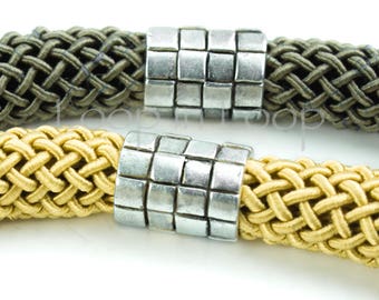 10%OFF, Mykonos Large tube Slider beads, Antique Silver, geometric checkered squares, boho modern barrel, for thick cords, 2 or 6 pcs