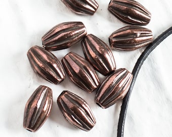 10%OFF, Oval Ridged Tubes Mykonos Greek Beads, 12X8mm, Antique Copper Spacer, for up to 2mm Round leather Cord, 4pc