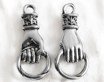Hand Holding Ring Connector, hand charm holder, Hand Link, Fleur De Lis charm, Antique Silver hands, Made in USA, pick quantity