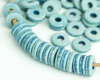 25%OFF Mykonos beads Blue Jean Denim round washer 8mm Round Spacers Flat Washers Disk Greek Ceramic beads - pick qty