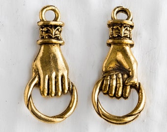Hand Charm, Hand Holding Ring Connector, Fleur De Lis Pendant, Beautiful Antique Gold, lead free Pewter charm Made in USA - pick quantity