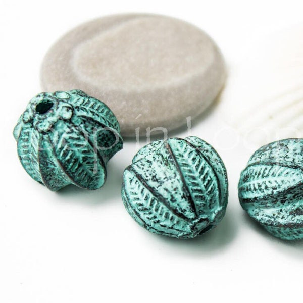 10%OFF Large Greek Wild Flower blossom bead Green Patina copper nature charms Mykonos beads 16mm Verdigris bohemian Charms Rustic Ball Beads