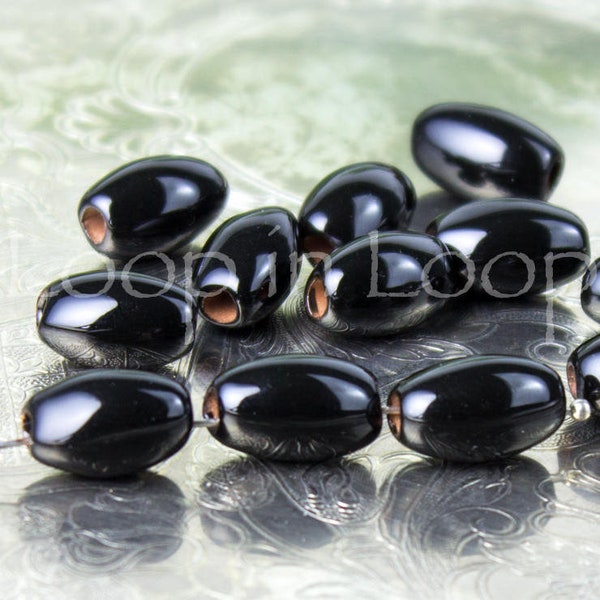 25%OFF Black Olive Beads Ceramic Olives Oval Olive Greek Mykonos Beads Enamel Glazed clay Organic jewelry boho rustic 15mm - pick qty