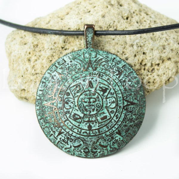 10%OFF Aztec Mayan Calendar Pendant Mykonos Green Patina Copper Round Large Ancient Symbol Greek pendant, Circle Disk, 45mm