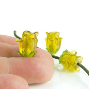 Handmade Glass Flower Beads, Yellow Rosebud Lampwork Glass Bead, rose bud, lamp worked flower bud bead, for jewelry making