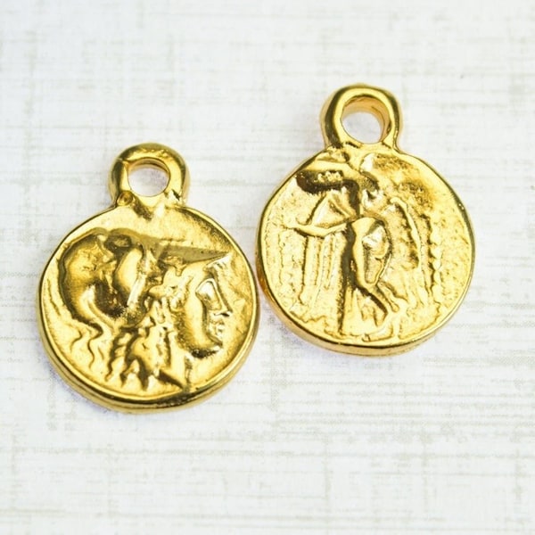 10%OFF, Goddess Athena Small Coin Charm, 24K Gold plated Ancient Greek gold Coin replica double sided European Charm, Round 16X20mm pick qty