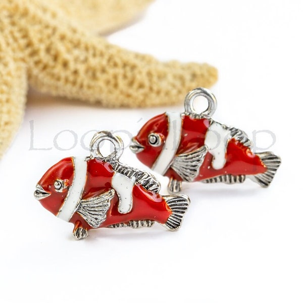 10%OFF Clown Fish Charm Tropical Aquarium clownfish 3D handmade enamel Beach sea nautical jewelry making Silver plated high quality USA Made