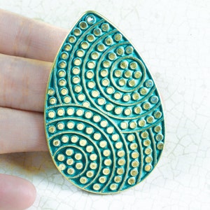 10%OFF 58mm Large Teardrop Pendant, textured Brass Focal Bead w/ dots Green Verdigris Patina, European High Quality Metal Casting, TH285 1pc