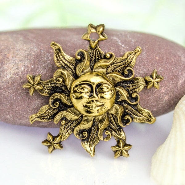 10%OFF Sun and stars charm, Golden celestial astrology charm, Bohemian boho, lead free Pewter Antique Gold, Made in USA 21mm - pick qty