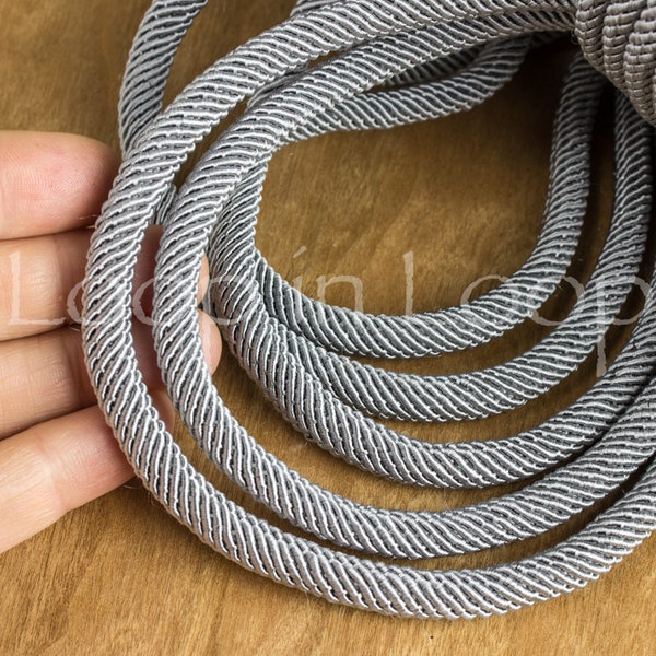 7mm Silver Grey SILK cord, semi soft chunky woven Striped rope, necklace tube, organic natural with polyester core, -by the foot