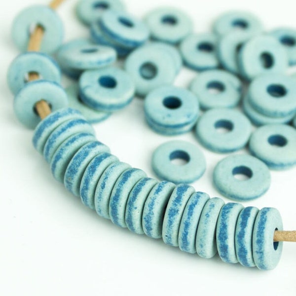25%OFF Mykonos beads Blue Jean Denim round washer 8mm Round Spacers Flat Washers Disk Greek Ceramic beads - pick qty