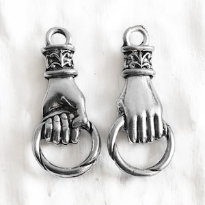 NFS Hand Holding Ring Connector, hand charm holder, Hand Link, Fleur De Lis charm, Antique Silver hands, Made in USA, pick quantity
