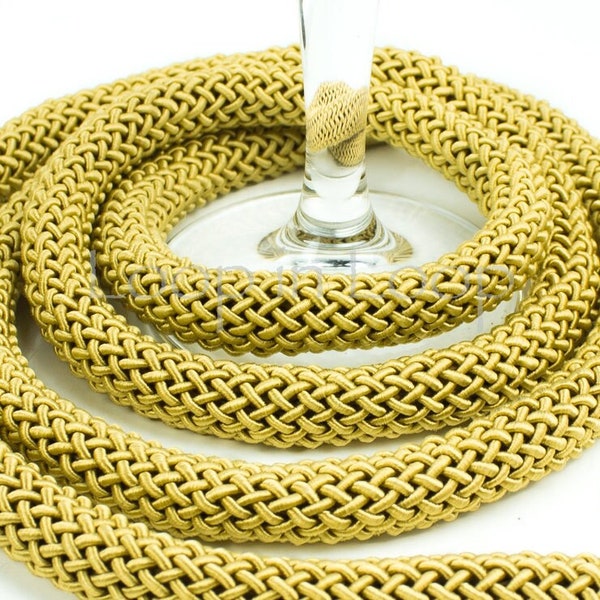 Light yellow Gold SILK 10mm thick cord soft chunky Mesh Pattern woven rope necklace tube organic silk braided w polyester core -by the foot