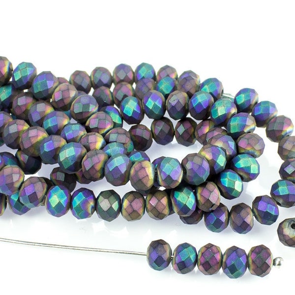 6X4mm Rondelle Glass Beads, fire polished Blue Iris, faceted Glass Spacer Beads, Metallic Matte Iridescent AB Crystal Washer