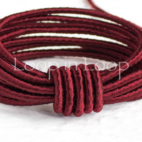 Dark Red SILK cord Wrapped Silk Satin Cord rope 3.5 mm thick organic natural hand spun silk, polyester core, modern Jewelry making diy