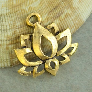 10%OFF Lotus Flower Charm Meditation Namaste Zen Charms Yoga Boho Lotus pendant Antique Gold lead free Pewter Made in USA 19x16mm 1pc