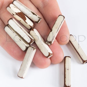 Mykonos beads, Ceramic Rectangle tubes, white Adobe Stone washed, terracotta brown, Greek enamel beads, Rustic, 30X6mm, pick qty