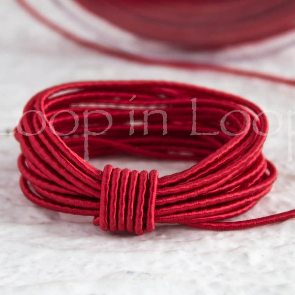 Red SILK cord, Wrapped Silk Satin Cord rope 1.5 mm thick, organic natural hand spun silk, polyester core, for Jewelry (3 feet)