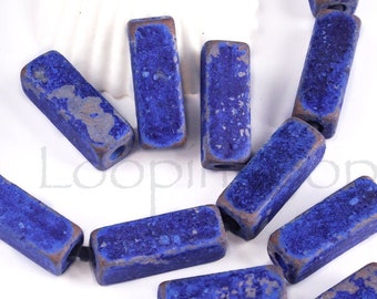 25%OFF Mykonos beads Ceramic Square tubes Greek beads Rustic patina aged Dark blue terracotta bead mixed color 16X6mm for leather -pick qty