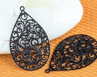 Black Floral Filigree Earring Charms,  Laser Cut Oval Connector, thin light Earring Charm, 1-3/16 inch long