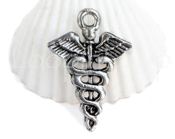 10%OFF, Silver Caduceus Medical Charm, 1 inch Asclepius Rod, Doctor Nurse Health Symbol pendant, Silver Plated pewter, Made in USA -pick qty