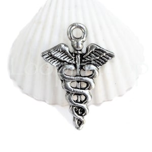 Silver Caduceus Medical Charm, 1 inch Asclepius Rod, Doctor Nurse Health Symbol pendant, Silver Plated pewter, Made in USA, pick qty