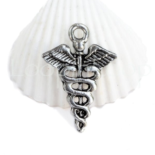 10%OFF, Silver Caduceus Medical Charm, 1 inch Asclepius Rod, Doctor Nurse Health Symbol pendant, Silver Plated pewter, Made in USA -pick qty