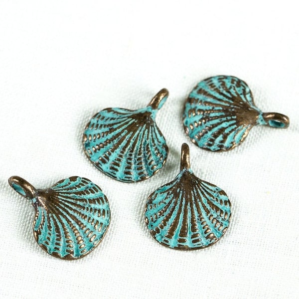 10%OFF Green Patina Scallop Shell Metal Charms, Verdigris, Greek Mykonos Small Casting Charm 15mm - Pick qty