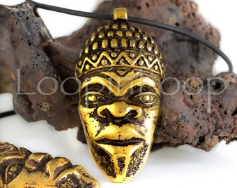 10%OFF Extra Large African Mask Pendant, 24k Gold plated Tribal Face, Mykonos Greek heavy rustic Ethnic Boho bohemian DIY jewelry making