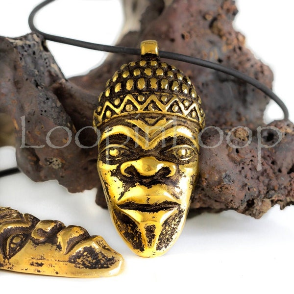 Extra Large African Mask Pendant, 24k Gold plated Tribal Face, Mykonos Greek heavy rustic Ethnic Boho bohemian DIY jewelry making