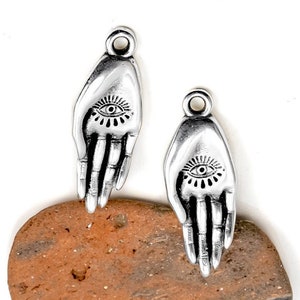 Silver hand with eye charm, Healing Hand pendant, small spiritual hand charms, European Metal, DIY jewelry making supplies, 23x9mm