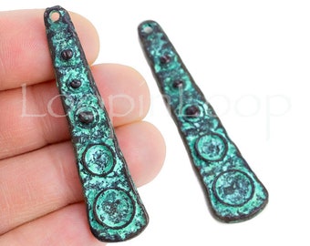 10%OFF, Textured 2" long dangle charm, earrings component, Mykonos Greek beads, green patina drop bar, European quality Metal Casting -1pc