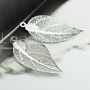 10%OFF, Filigree Leaf Charm,  Large Laser Cut Silver leaves Connector, thin and light Earring Charm, Metal Pendant (pick qty)