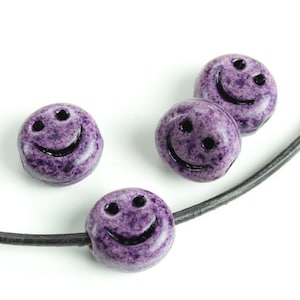 Ceramic Smiley Face Bead, Purple Happy Face, Carved Smile, Emoticon Symbol Beads, 12mm, Jewelry making, Handmade in USA, (2pcs)