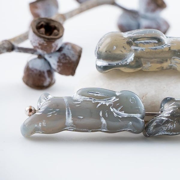 Handmade Glass Bunny beads, Grey Smoke Pearl Mix, Silver Wash, 1 inch Rabbit Charm, (2, 6, or 20 pcs)