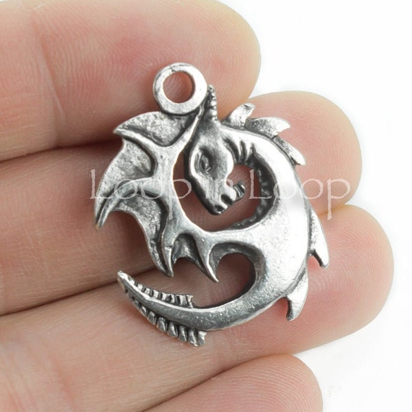 10%OFF Baby Dragon Pendant for jewelry making Large Baby dragon charm silver plated double sided Round Bohemian European metal Pendants