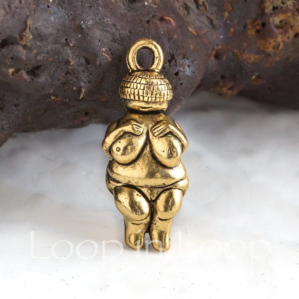 10%OFF Gold Venus Charm, Mother Earth pendant, Fertility Goddess Cycladic Figure 3D Venus of Willendorf Gold Plated pewter Made in USA