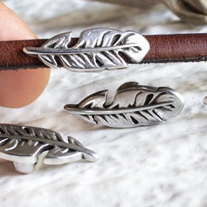 10%OFF, Feather Slider Beads for 5mm Flat Leather, Antique Silver, Flat Leaf, European Charm for ribbon bracelet, jewelry making -pick qty