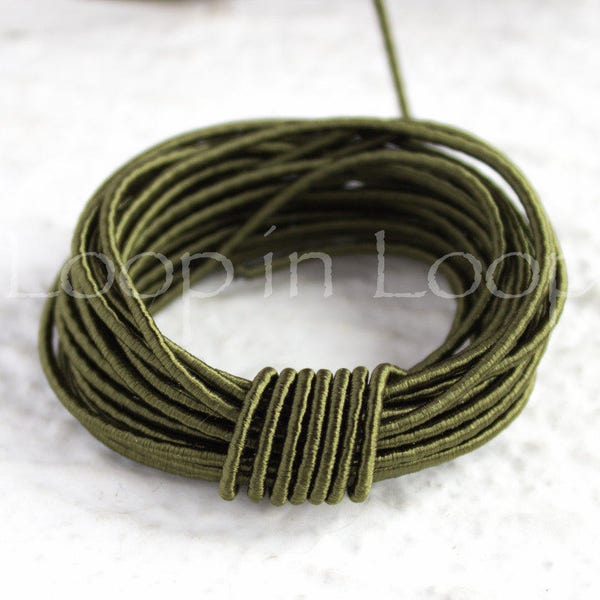 Olive Dark Green SILK cord, Wrapped Silk Satin rope, 1.5 mm thick, organic natural hand spun silk, polyester core, Jewelry making -3 feet